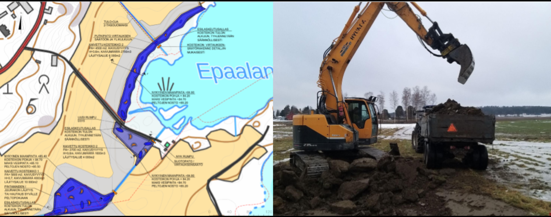 Epaalan kosteikkosuunnitelma. Rakennustyöt alkoivat helmikuussa 2025. Epaala suunnitelma
