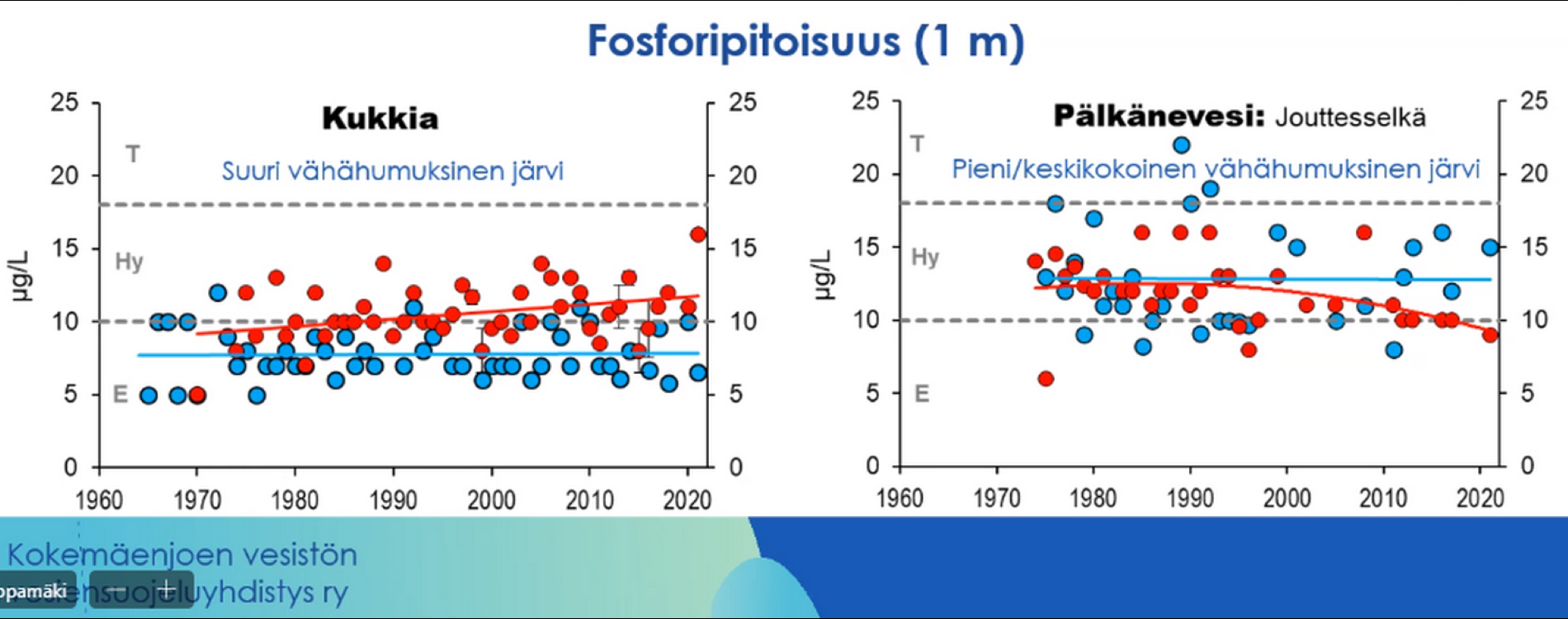 Kukkian ja Pälkäneveden talviaikaisessa fosforipitoisuudessa (sininen) ei ole tapahtunut muutosta 50 vuoden aikana. Kesäaikainen fosforipitoisuus (punainen) on Kukkialla kasvussa, mutta Pälkänevedellä laskussa. Fosforipitoisuus