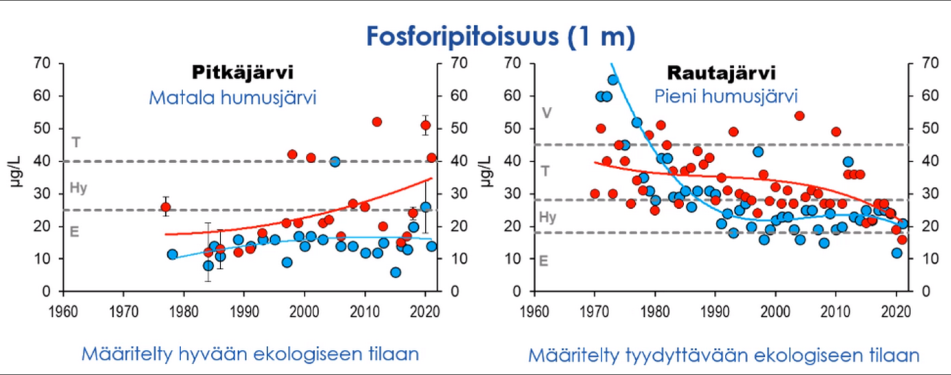 Pitkäjärven fosforipitoisuus on kasvanut etenkin kesäaikaan (punainen). Rautajärvellä ravinnepitoisuudet ovat laskussa. Fosforipitoisuus