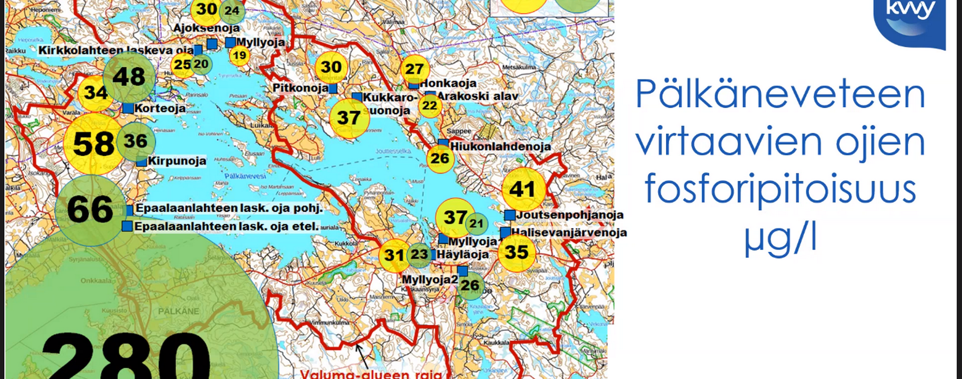 Kukkian ja Pälkäneveden kunnostustoimet kohdistetaan runsaasti ravinteita tuoville ojille. Kirsi Kuoppamäki oli sijoittanut Suvi-hankkeen keväällä 2021 (keltainen pallo) ja keväällä 2023 (vihreä pallo) teettämien ojavesitutkimusten fosforimäärät kartalle. Epaalanlahden eteläisemmän ojan hurja fosforipitoisuus keväällä 2023 johtui siitä, että vesi ei virrannut, vaan oja oli järven tasolla. Fosforipitoisuus