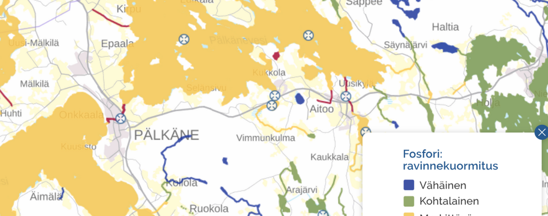Hulevesien vaikutus näkyy Kostianvirrassa, jonka fosforikuormitus on voimakasta. Kartta vesi.fi-palvelusta, johon vesitietoutta keräävät Suomen ympäristökeskus, ELY-keskukset, Ilmatieteen laitos ja Tulvakeskus yhteistyössä vesialan asiantuntijaorganisaatioiden kanssa. hulevedet