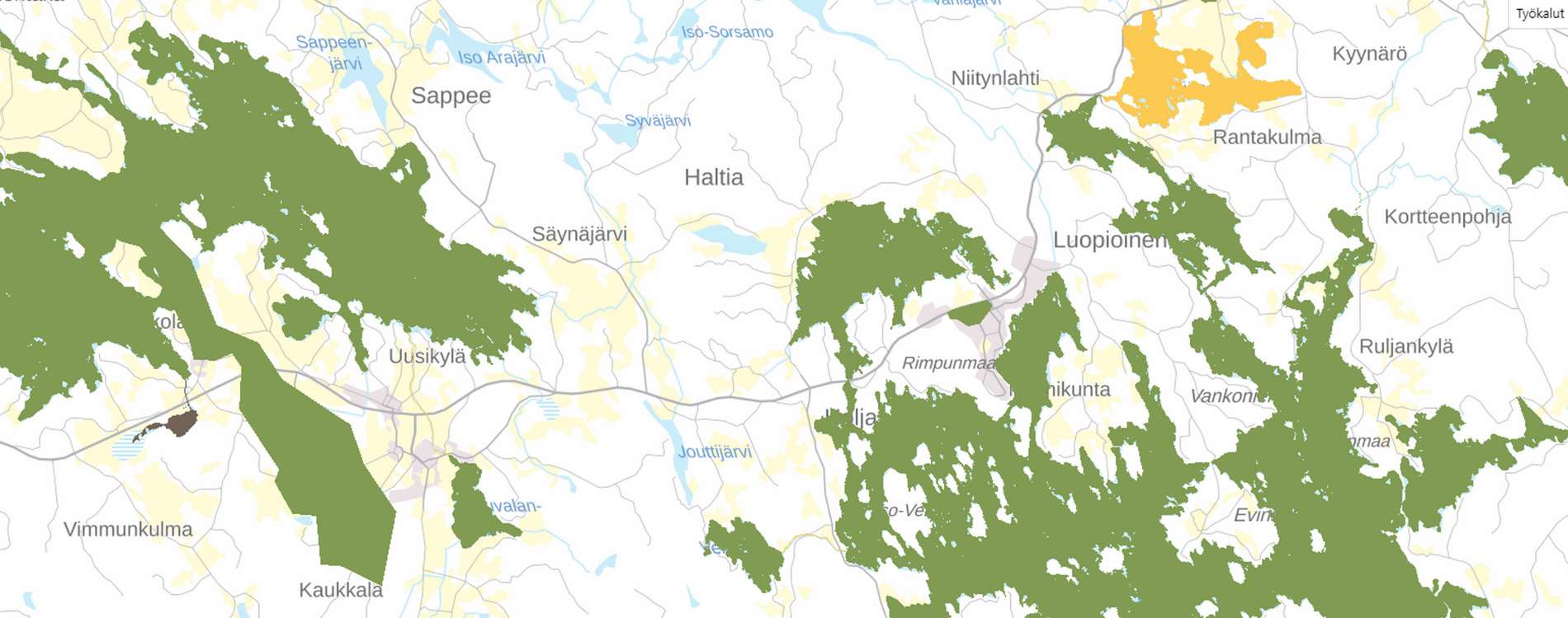 Pälkäneen järvien ekologinen tila on pääosin hyvä (vihreä). Tyydyttävässä tilassa olevat Rautajärvi ja Kantolanlahti erottuvat kartan oikeassa yläkulmassa. Vesikartta: ymparisto.fi vesien tila