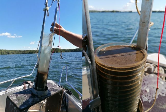 Paleolimnologisessa tutkimuksessa järven syvänteestä kairataan näyte. Pohjaan painuneet piilevät ja surviaissääskien jäänteet muodostavat vuosirenkaan kaltaisia kerroksia, jotka kertovat järven tilasta suosikymmeniä, jopa sata vuotta sitten. Kuva: Juho Mustonen, KVVY Tutkimus Oy. paleolimnologinen tutkimus