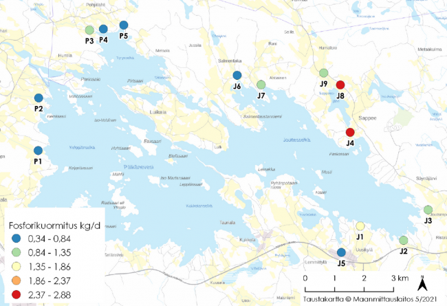 Laipan pikkujärvien ja soiden vedet kertyvät laajalta alueelta Honkaojan (havaintopiste J9) ja Arakosken (J8) kautta Sappeenjärveen. Sappeenjärvestä Jouttesselän Hiukonlahteen laskeva oja (J4) tuo eniten ravinteita Pälkäneveteen, koska virtaus on suuri. Väkevintä vesi oli Kirpun ojassa (P1) jonka fosforipitoisuus oli korkein ja typpipitoisuus toiseksi korkein. Typpipitoisuus oli korkein Häyläojassa (J5). fosforipitoisuus