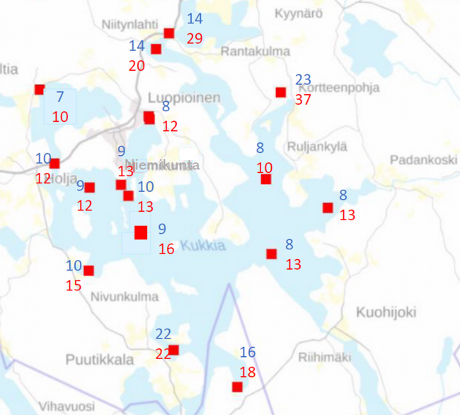 Kukkian päällysveden (mittaussyvyys yleensä 1 metri) fosforipitoisuus loppukesästä 2017–2021. Alhaisin pitoisuus (mg/m3) merkitty sinisellä ja korkein punaisella. Tietolähde: SYKE. Kuva: Freshabit-hanke. Fosforipitoisuus Kukkialla