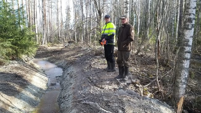 Valvoja Martti Lautala ja maanomistaja Heikki Lukkarla tarkastelevat huhtikuussa 2025 valmistuneen kampakosteikon uomia. Rautianoja